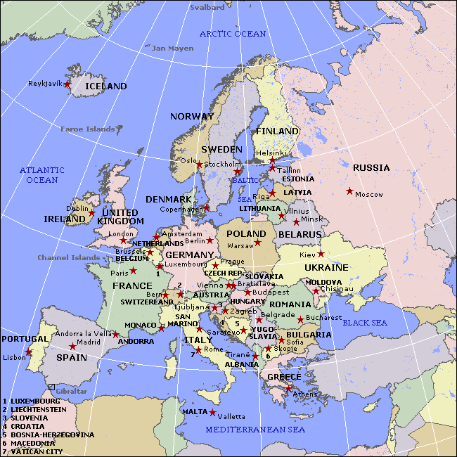 "Label the countries and bodies of water of Europe 